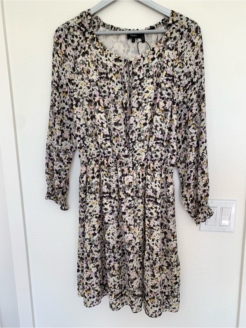Theory Floral Print Long Sleeve Dress in Black, Pink, Cream